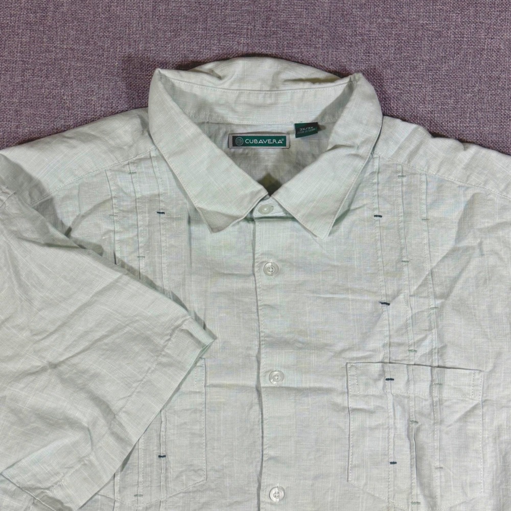 Cubavera Guayabera Shirt Men 3X Green Linen Blend Short Sleeve Pintuck Pleat